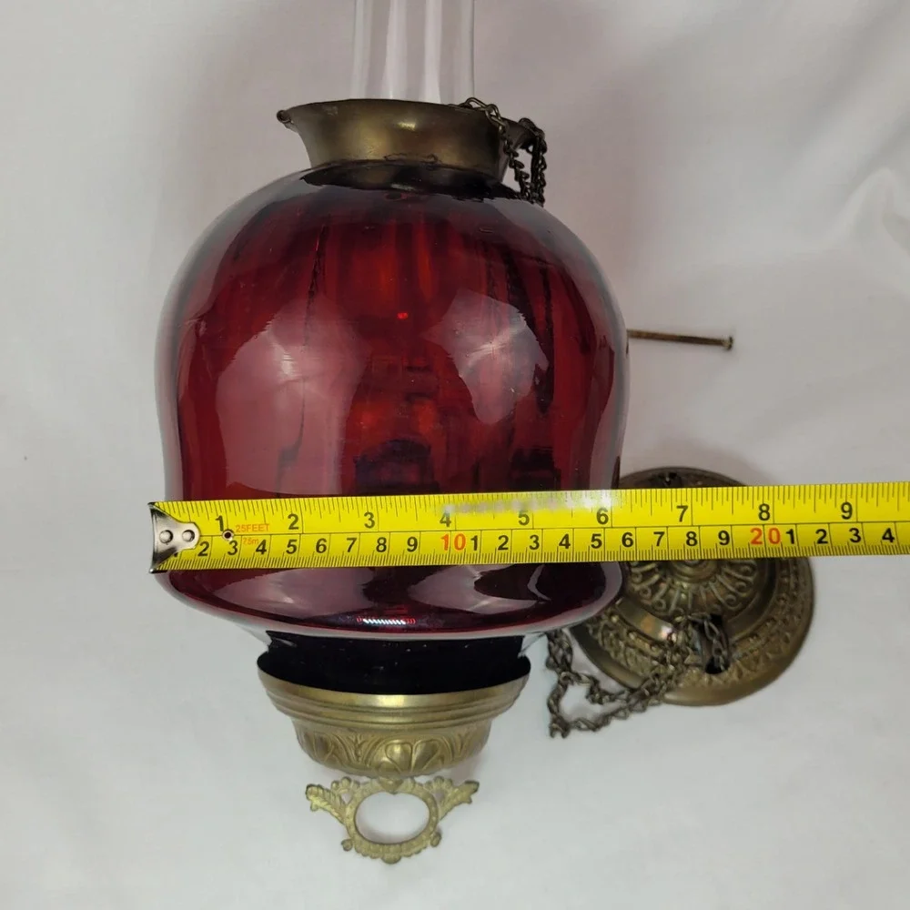 Antique Ruby Red Glass Hanging Oil Lamp Macbeth Pearl Glass Chimney Brass Trim